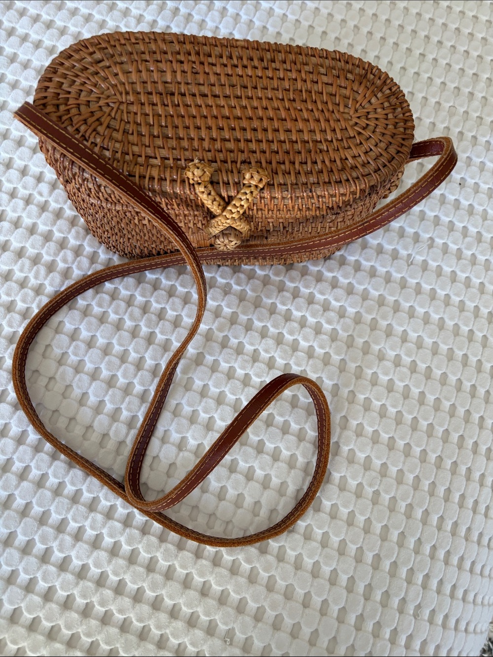 Handwoven Brown Rattan Crossbody Bag - Leather Strap